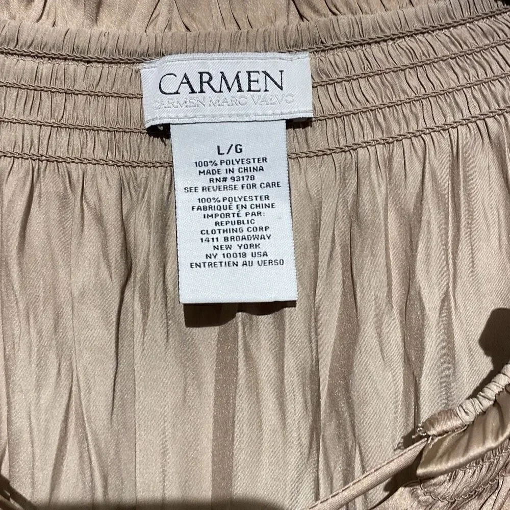 Carmen Marc Valvo Women's Taupe Tan Ruffles Neck Tie Satin Blouse Top Large‎ - Picture 3 of 8
